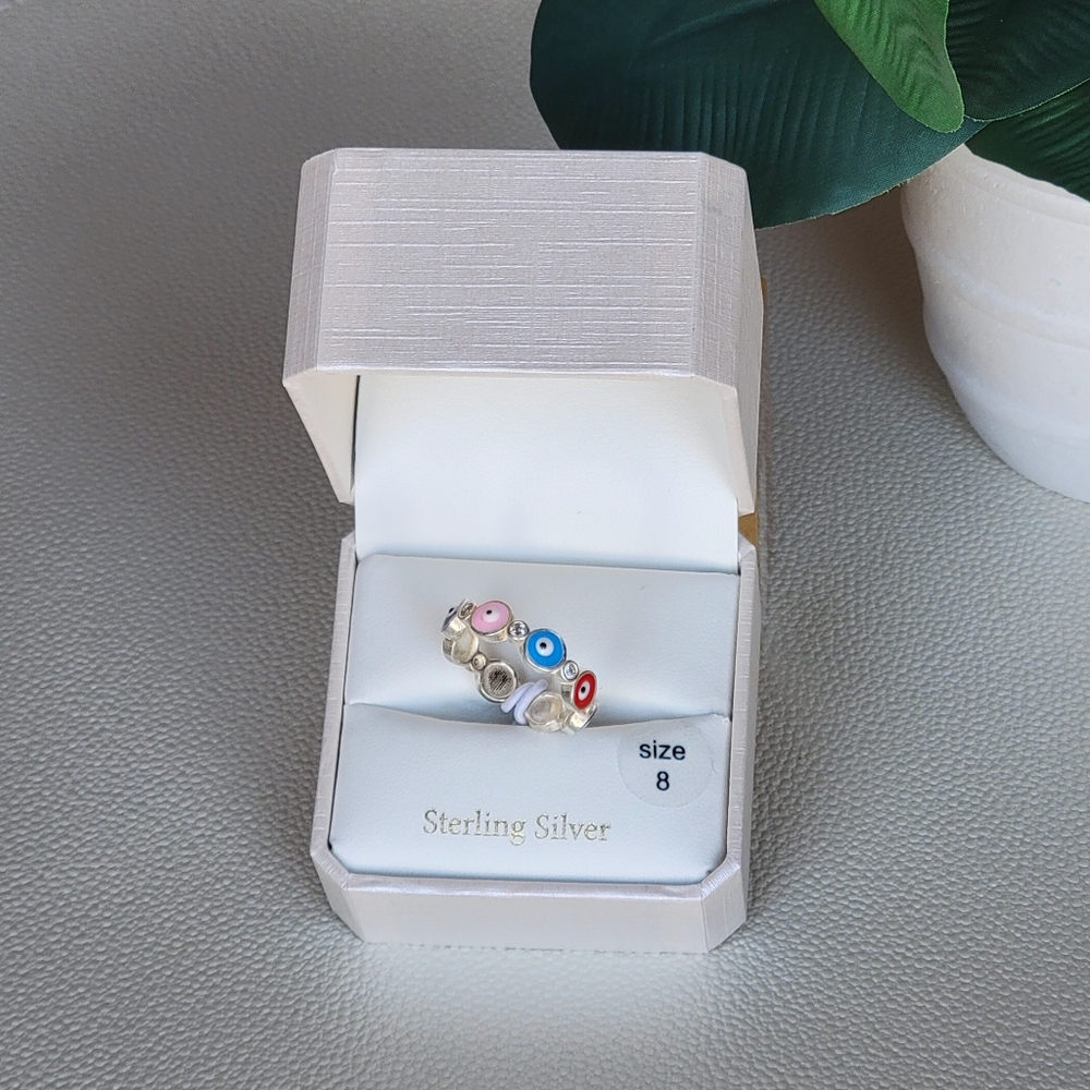 Evil Eye Multi Colored Enamel Sterling Silver Ring Size 8- Cynthia Rowley